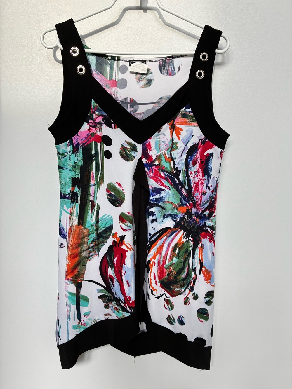 Clientele Abstract Floral V-Neck Sleeveless Tank Top - Black Trim